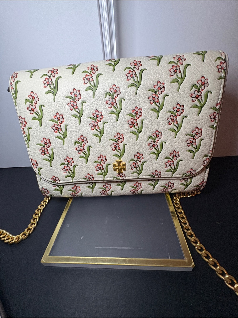 Tory Burch Cream Floral Leather Crossbody with Pink and Green Print & Gold Chain